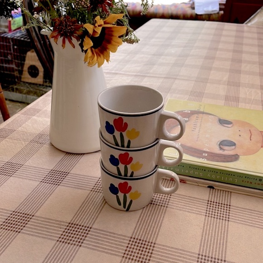 Newcor VTG Stoneware Tea Cups Japan Tulip Set of 3 Multicolor